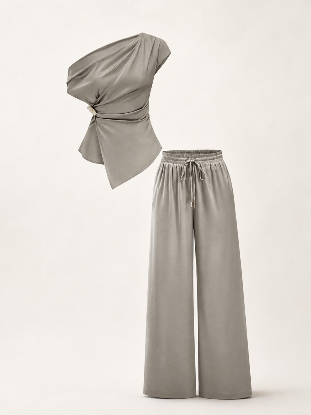New with Tag! Commense one-Shoulder Top & Wide-Leg Pants 2 Pc Set -Silver/Grey